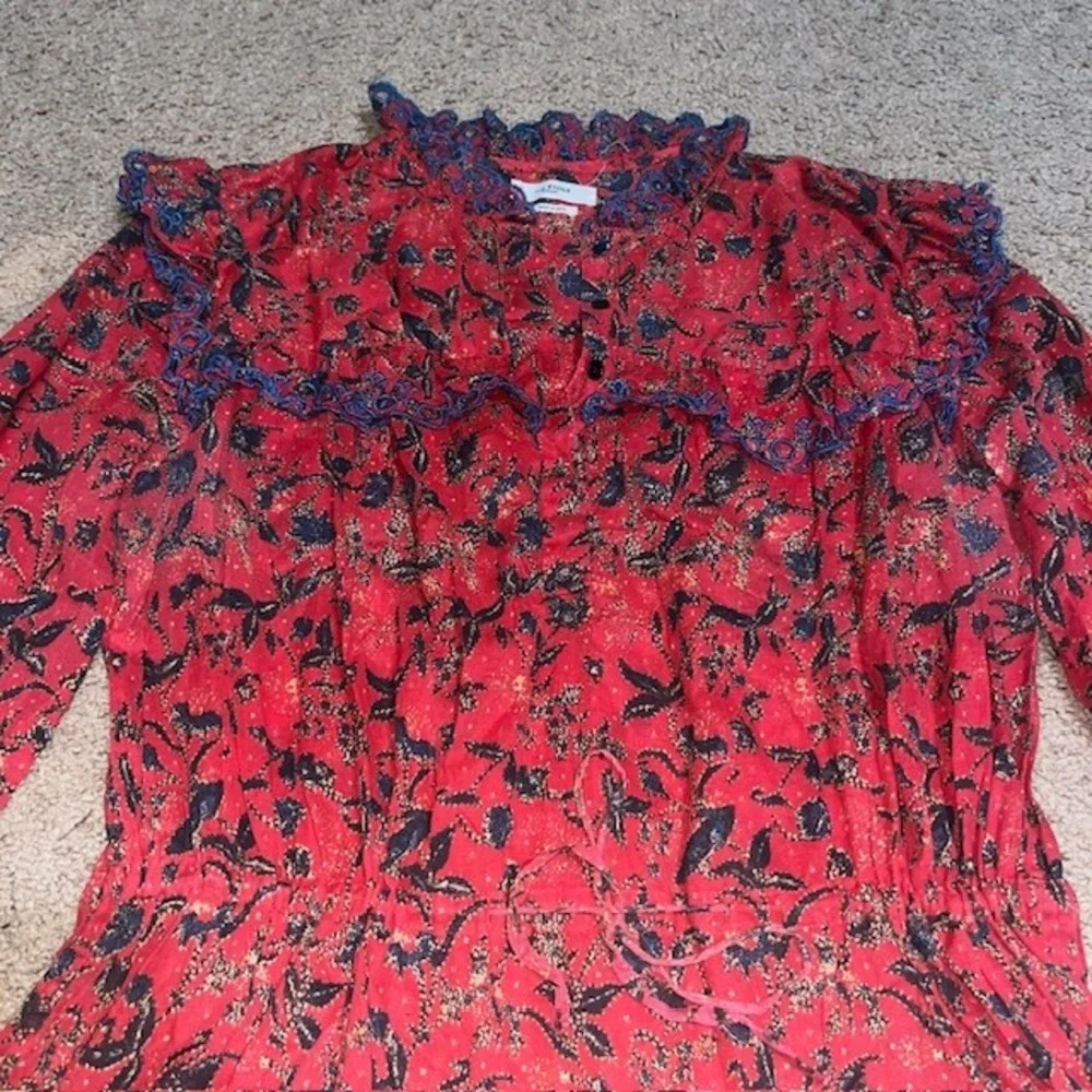 Isabel Marant Etoile Elina Floral Tiered Ruffle‎ Cinched Waist Midi Dress Red 12